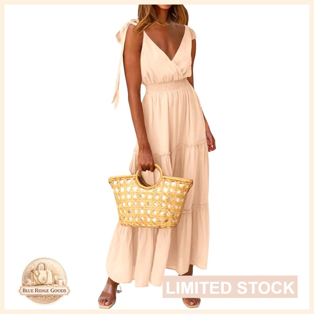 Sleeveless Smocked Waist Tiered Maxi Dress Cross Neck Boho Beach Summer